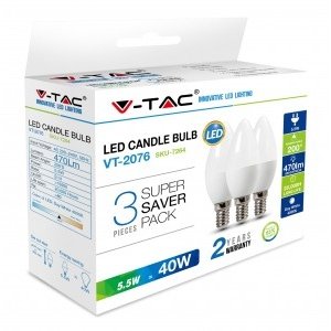 5.5W LED lemputės, 3VNT, V-TAC E14, žvakės formos, (2700K) šiltai balta