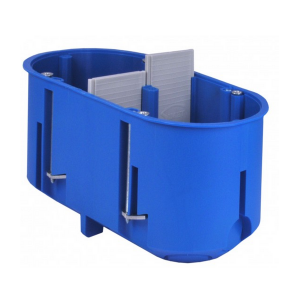 Instaliacinė dėžutė į gipsą, montažinė, 2xd68x61mm, pagilinta, su varžteliais, su pertvara, mėlyna